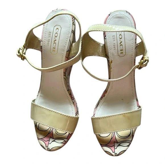 Coach Women's Pink and Yellow Patterned Wedge Sandals Size:8 - Picture 9 of 14